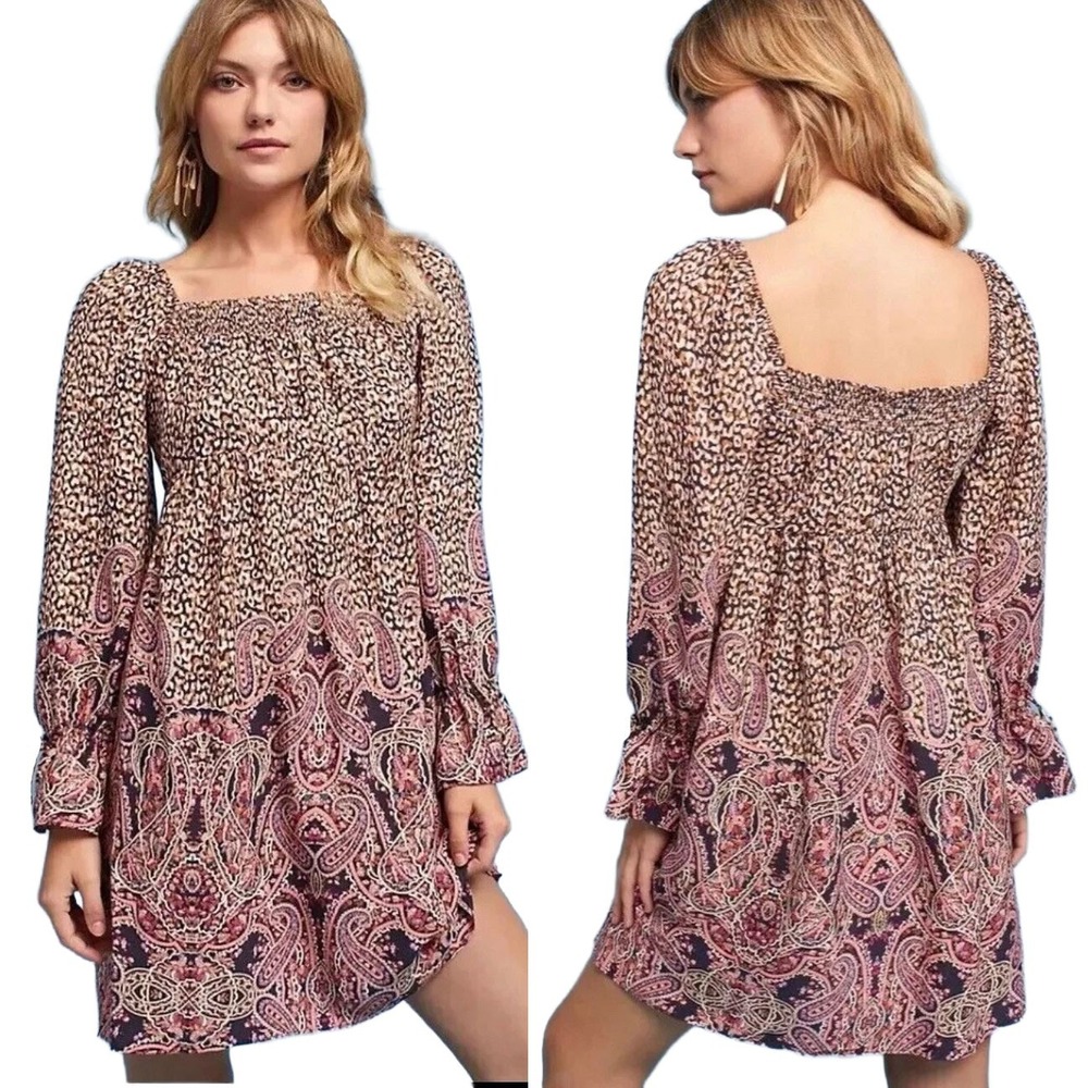 Maeve Off Shoulder Smocked Paisley‎ Boho Dress Long Sleeve Womens Size M